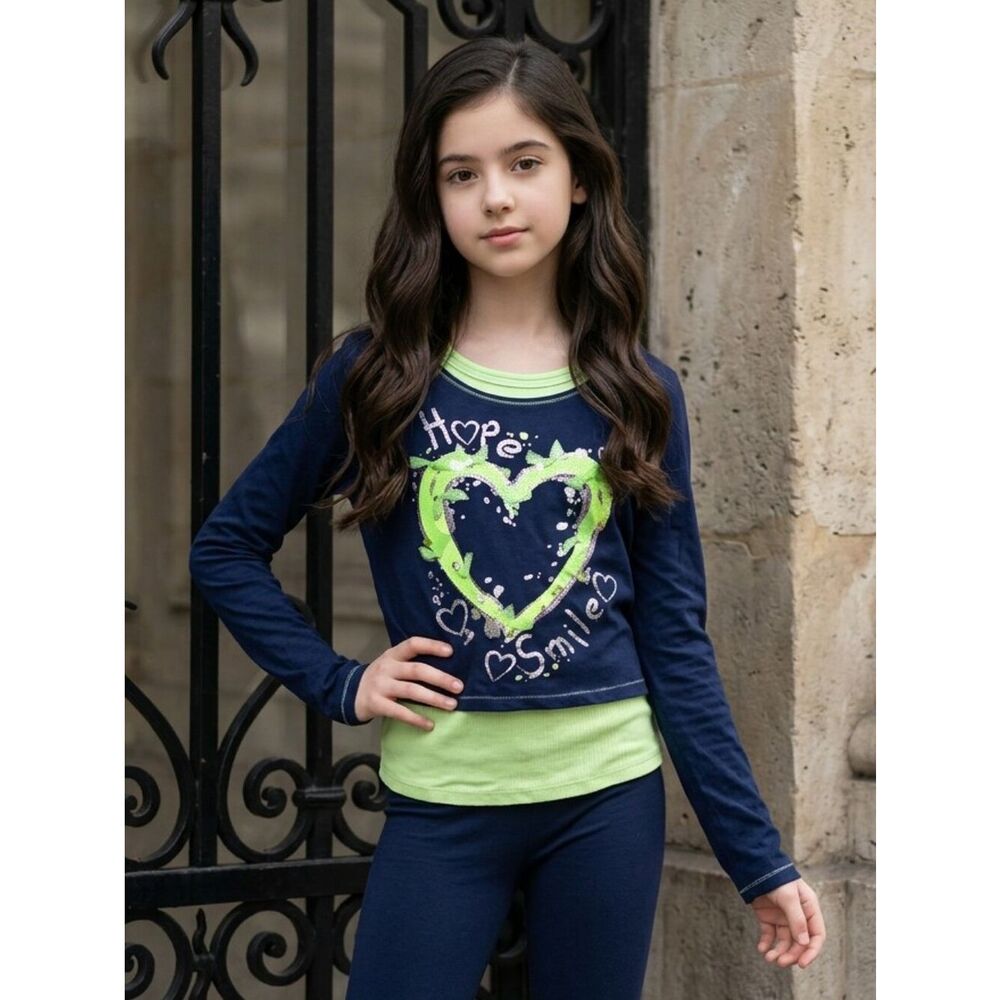Justice Girls Layered Top Size 12 Navy Lime Graphic Shirt Tween Everyday Tee